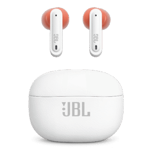 White SMS-T30 true wireless earbuds with orange silicone tips and charging case