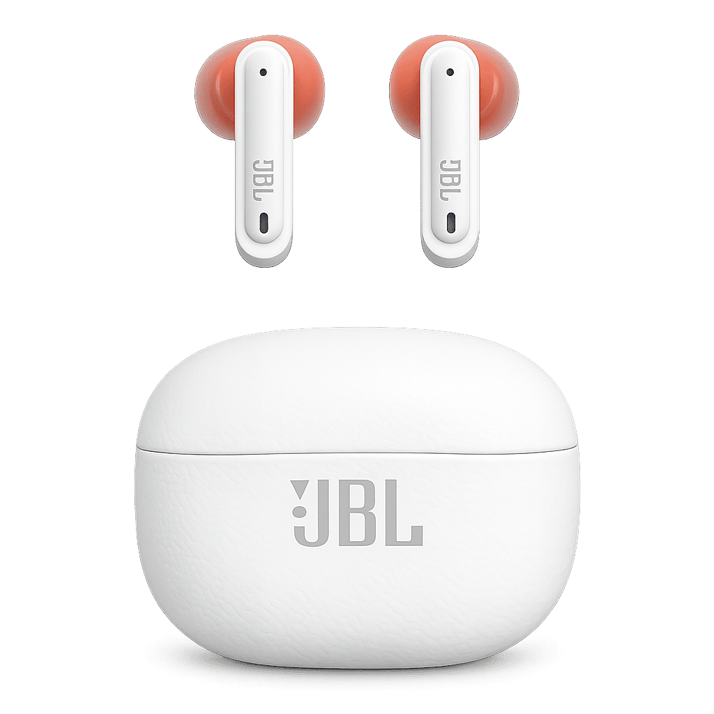 White SMS-T30 true wireless earbuds with orange silicone tips and charging case