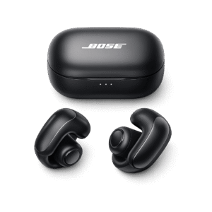 Black Bose Ultra Open Earbuds with open-ear cuff design and charging case