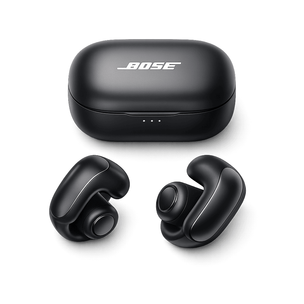 Black Bose Ultra Open Earbuds with open-ear cuff design and charging case