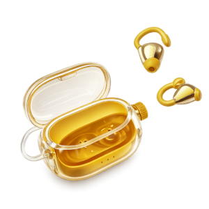 Gold JM47 open-ear sport wireless earphones with transparent charging case