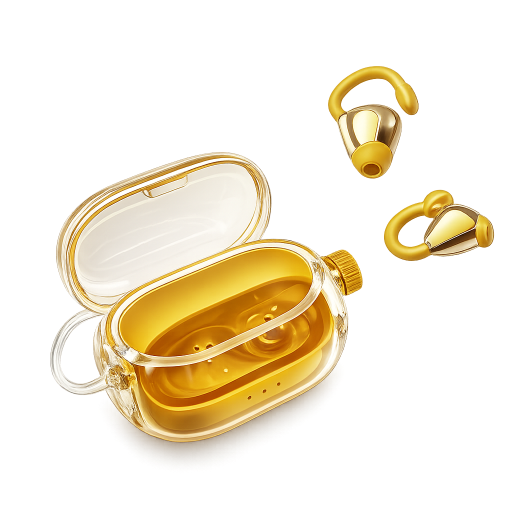 Gold JM47 open-ear sport wireless earphones with transparent charging case