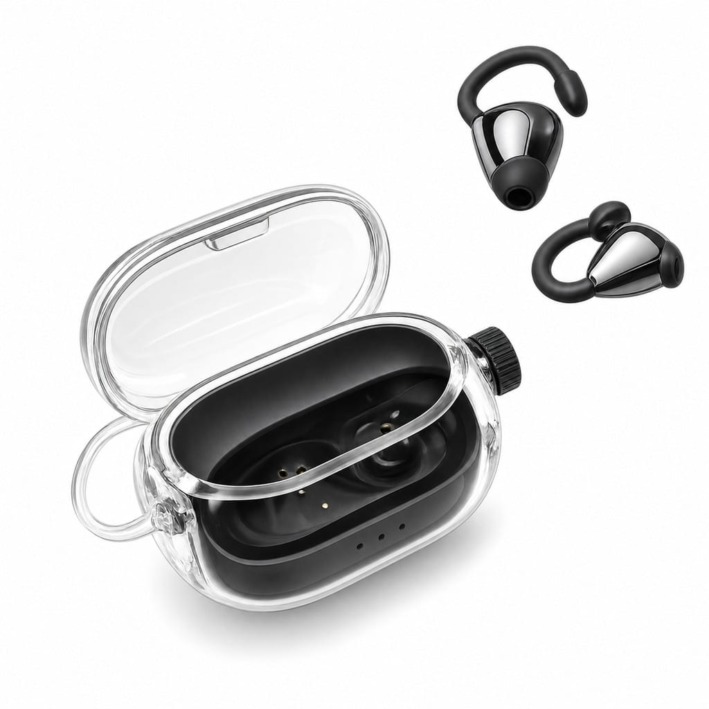 Gold JM47 open-ear sport wireless earphones with transparent charging case